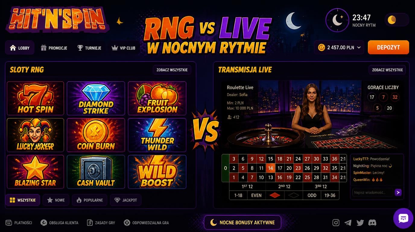 sloty RNG i stoły live w ciemnym motywie, zegar nocny